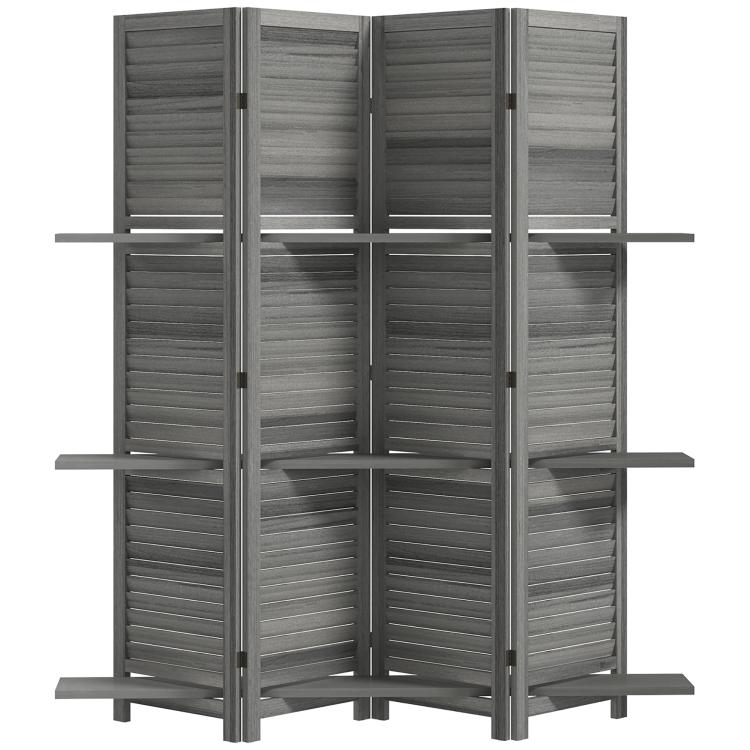 Gray folding 4-panel wood room divider with horizontal shelves