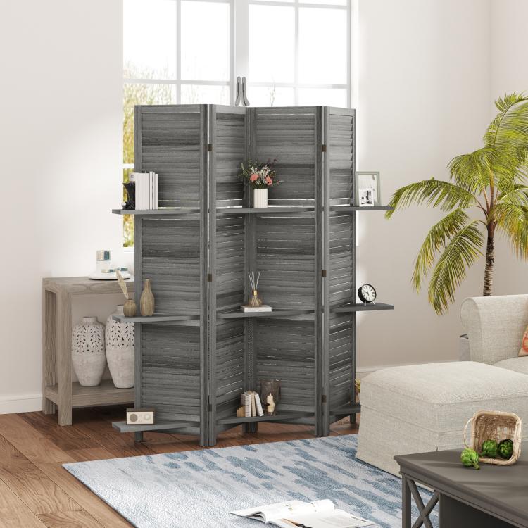 Gray 4-panel privacy screen room divider with three shelves in a bedroom corner