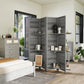 Gray folding privacy screen divider with three shelves and slatted shutter-style panels