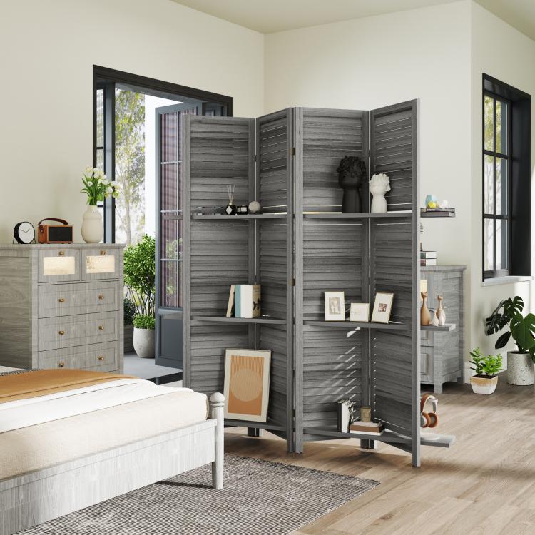 Gray folding privacy screen divider with three shelves and slatted shutter-style panels