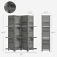 Gray folding privacy screen divider with 4 panels, 3 shelves; 66.9 in tall dimensions