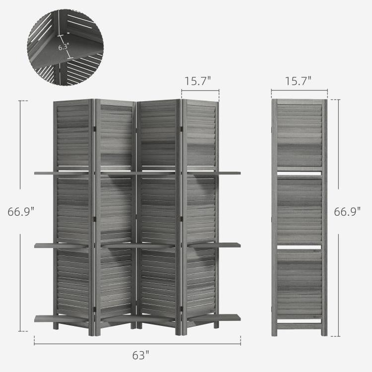 Gray folding privacy screen divider with 4 panels, 3 shelves; 66.9 in tall dimensions