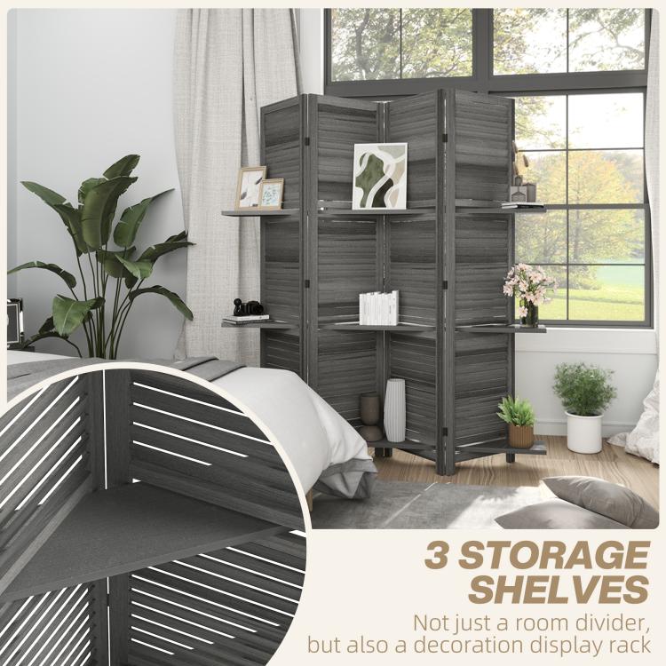 Gray 4-panel room divider privacy screen with three shelves and decor against a window