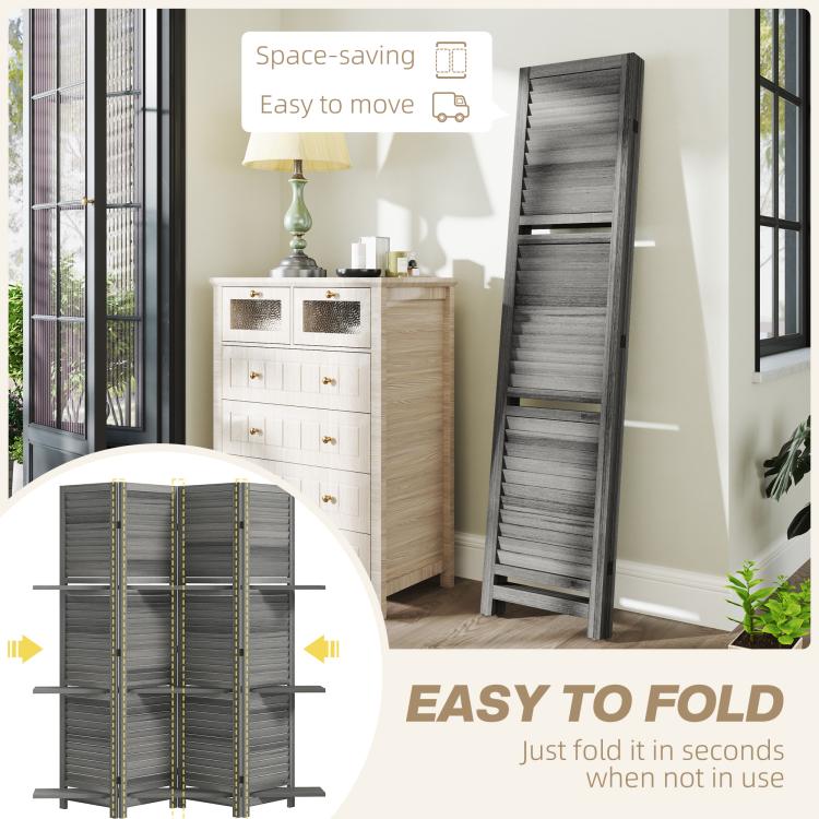 Gray tall folding privacy screen with three shelves and shutter-style panel slats