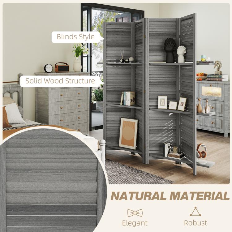 Gray folding privacy screen divider with three shelves and open cubby storage near bed