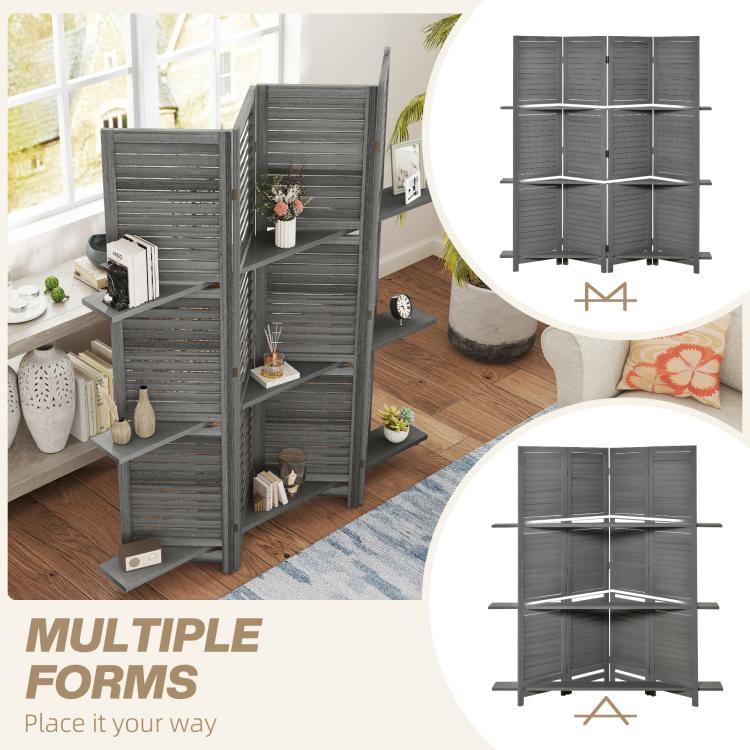 Gray folding privacy screen divider with three shelves shown from an angled, corner view