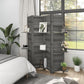 Gray 4-panel folding privacy screen with three shelves and small decor pieces on display