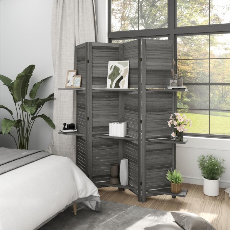Gray 4-panel folding privacy screen with three shelves and small decor pieces on display