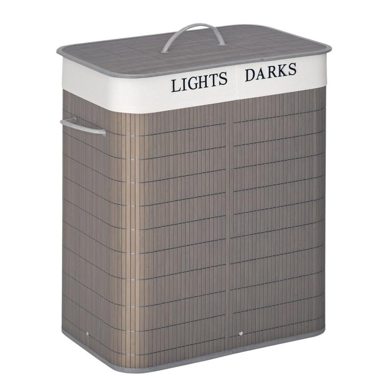 Gray bamboo laundry hamper with closed lid and arched string handles