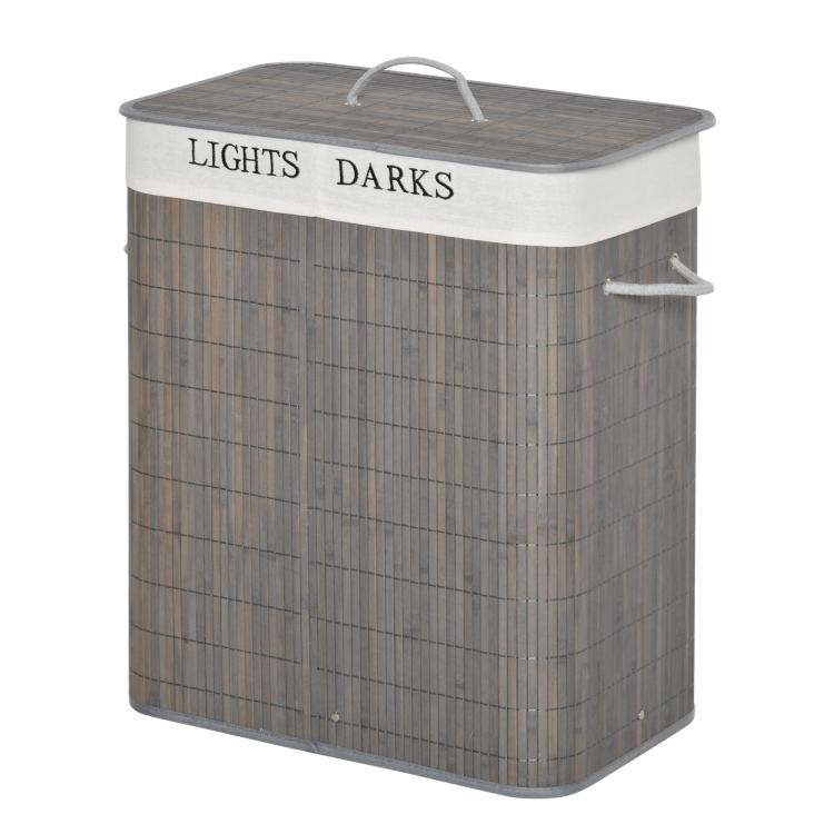Gray bamboo laundry hamper with lid and side string handle, front view
