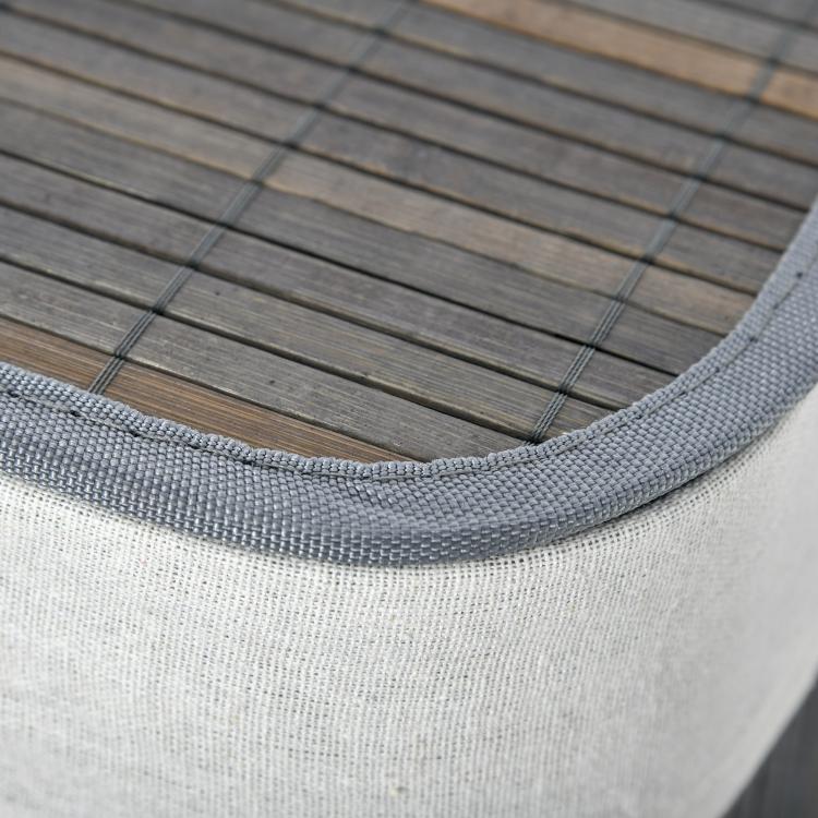 Gray fabric-liner laundry hamper rim with stitched edge