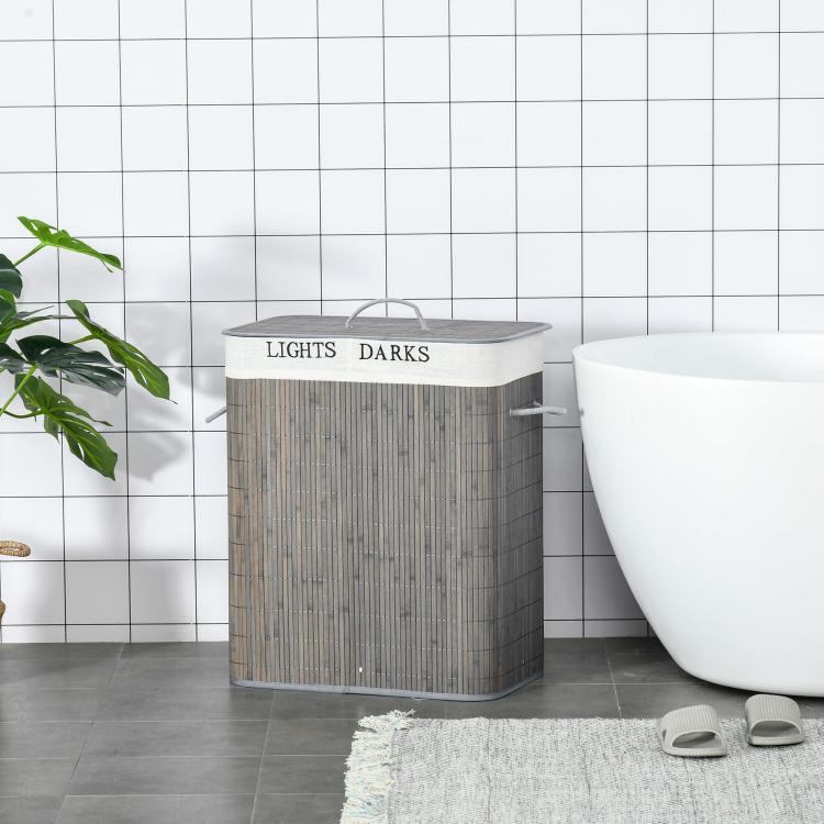 Gray bamboo laundry hamper with lid and string handles, standing square