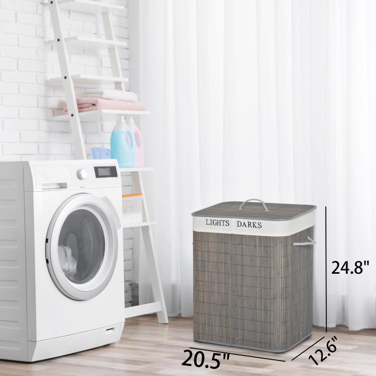 Gray bamboo laundry hamper with lid and handles, with size indicators