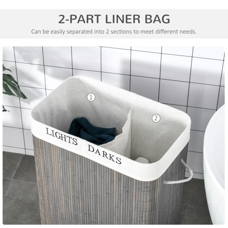 Gray bamboo laundry hamper with liner showing two separated sections