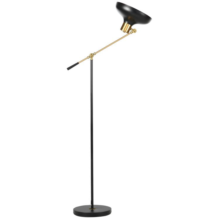 Black and gold floor lamp with long pole, balance arm, and round lamp head