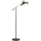 Black floor lamp with adjustable balance arm and white shade, gold accents