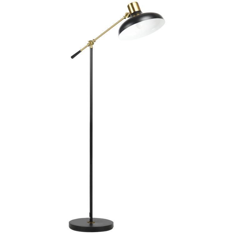 Black floor lamp with adjustable balance arm and white shade, gold accents