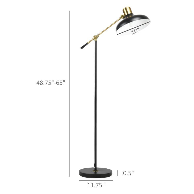 Black and gold floor lamp with adjustable arm, shown with height and base size diagram