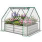 Clear greenhouse-style raised bed planter box with green frame and galvanized metal walls