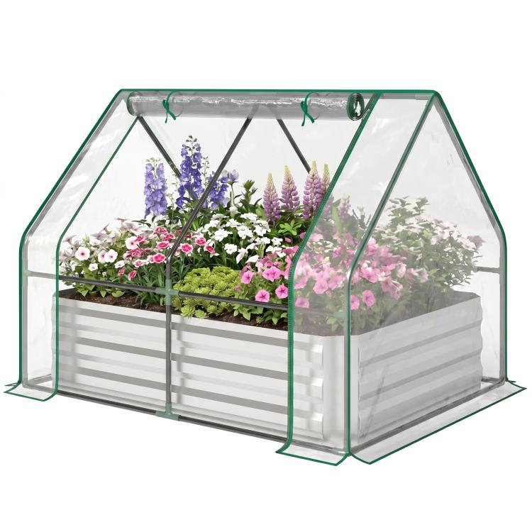 Clear greenhouse-style raised bed planter box with green frame and galvanized metal walls