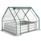 Raised garden bed with clear plastic cover, galvanized metal side panels and arched frame