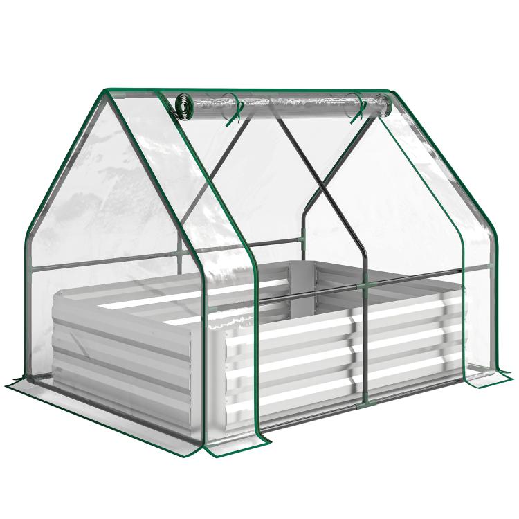 Raised garden bed with clear plastic cover, galvanized metal side panels and arched frame