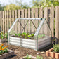 Clear top raised garden bed with green metal frame and gray ribbed galvanized sides