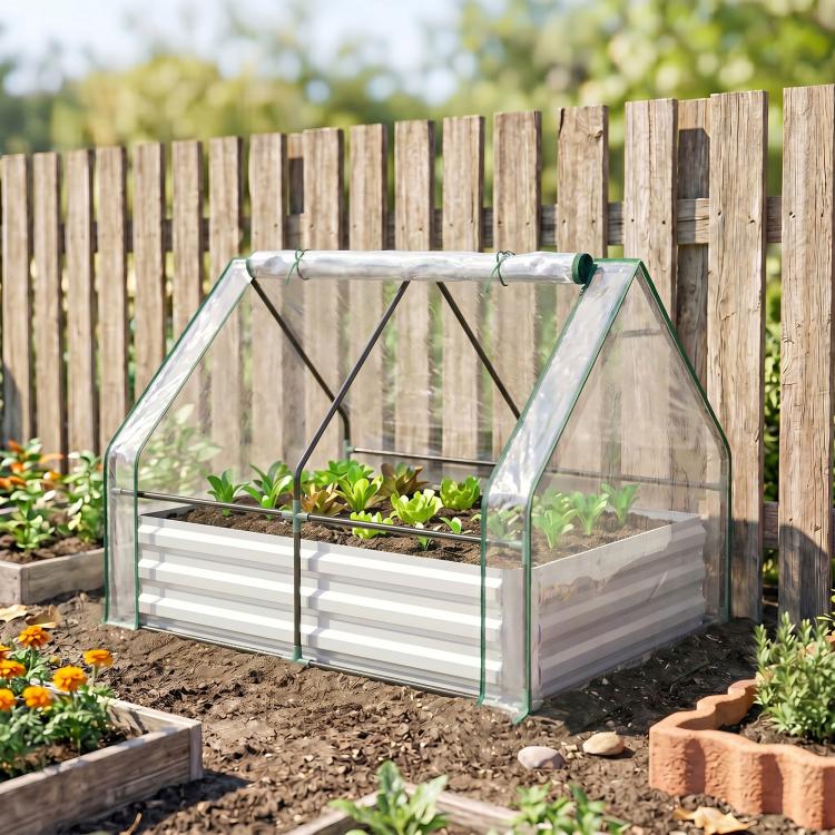 Clear top raised garden bed with green metal frame and gray ribbed galvanized sides
