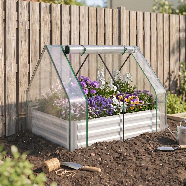 Clear PVC cover raised planter box with green frame and galvanized metal panel base
