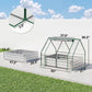 Clear-covered raised garden bed kit with labeled dimensions and green metal greenhouse frame