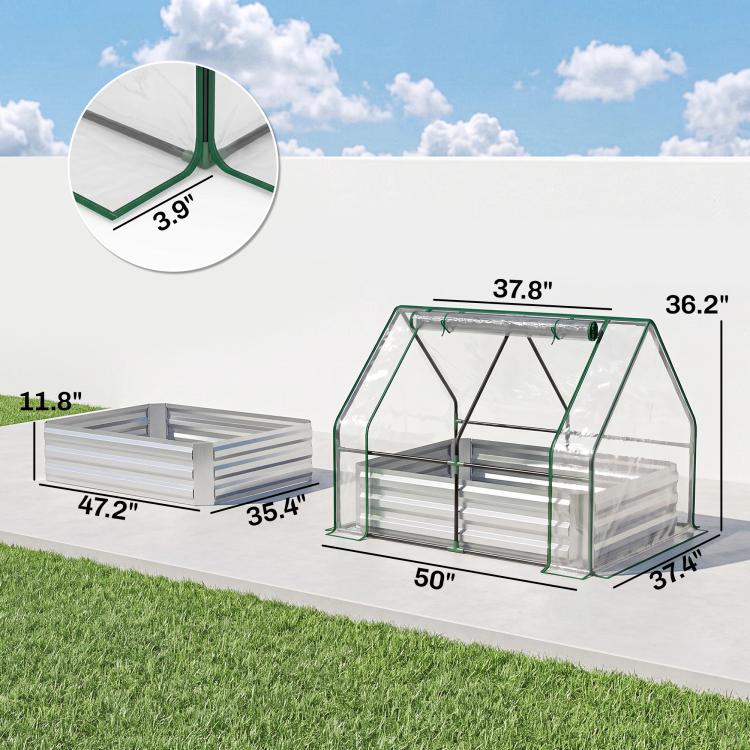 Clear-covered raised garden bed kit with labeled dimensions and green metal greenhouse frame
