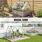 Dual-use clear greenhouse planter bed with green frame beside flower and herb planters