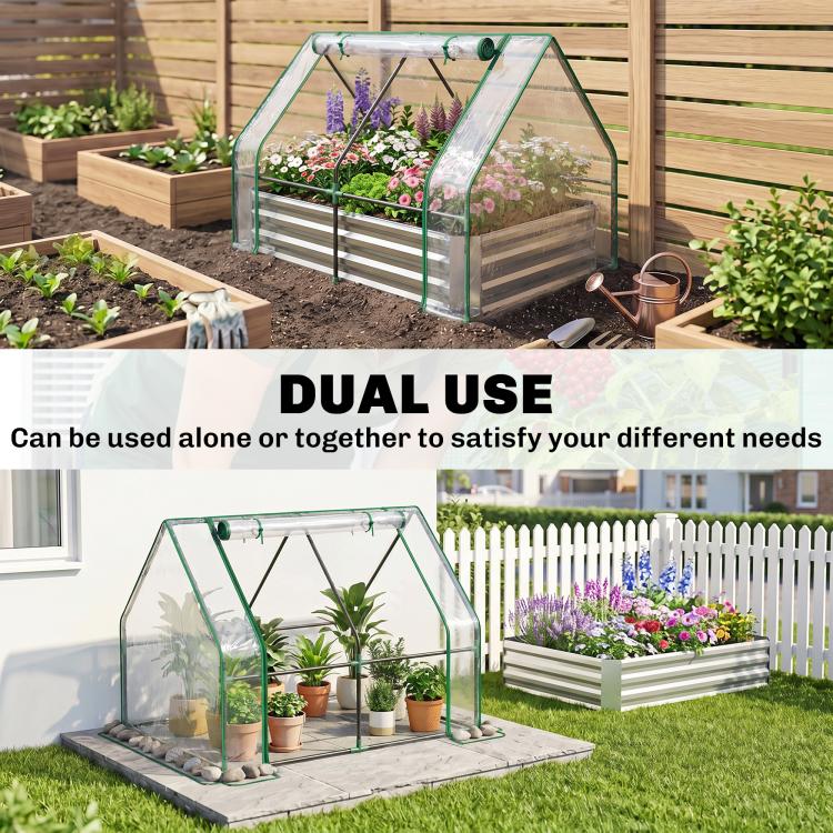 Dual-use clear greenhouse planter bed with green frame beside flower and herb planters
