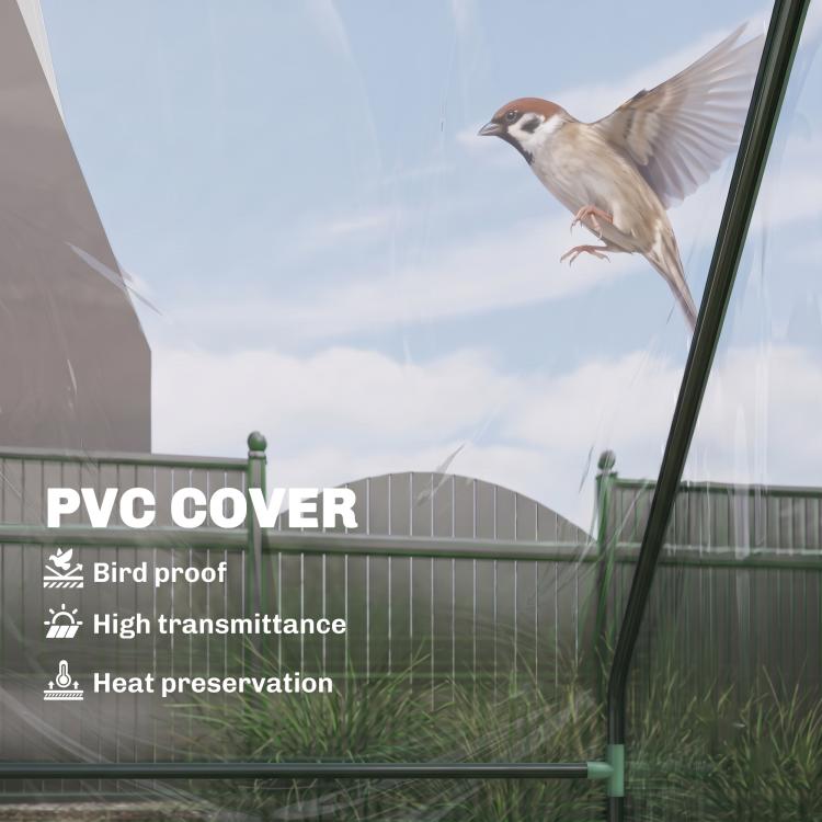 Clear PVC cover raised bed with bird-deterrent design and green frame details