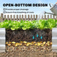 Open-bottom raised garden bed with layered soil, mulch, and drainage for roots