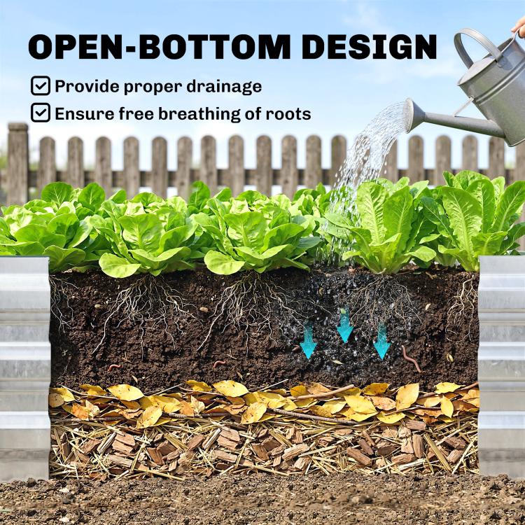 Open-bottom raised garden bed with layered soil, mulch, and drainage for roots