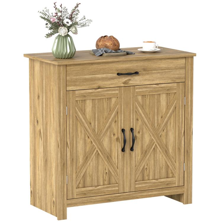 Light wood farmhouse sideboard cabinet with barn doors, top drawer, and black pulls