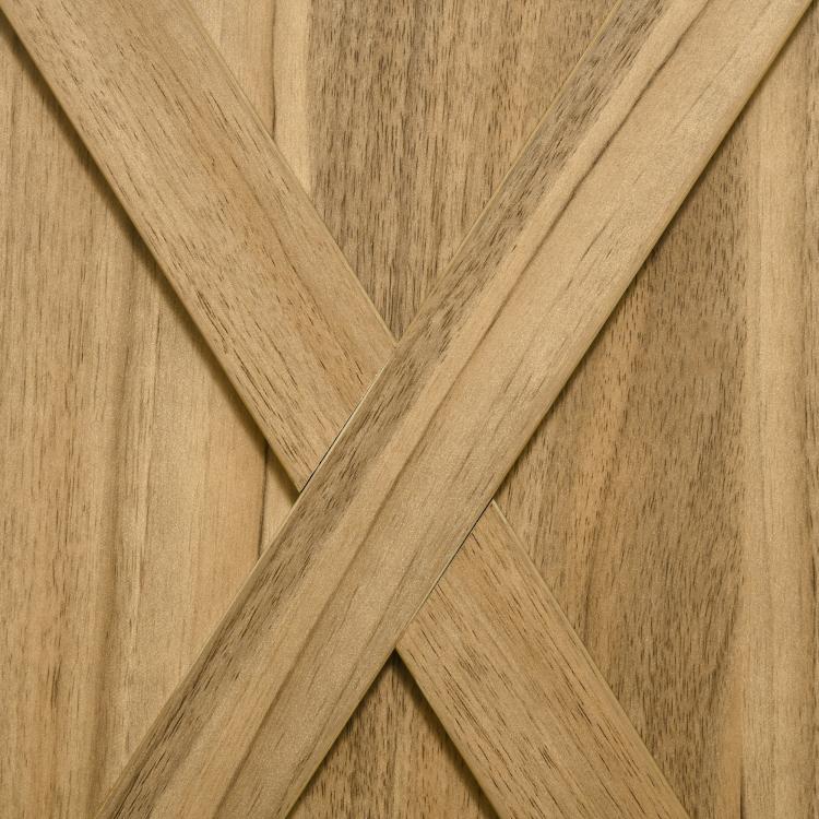 Wood barn door cross-brace panel on sideboard cabinet, natural finish