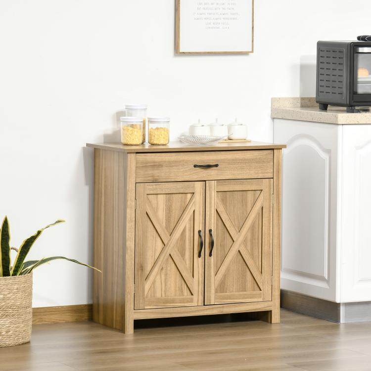Light wood sideboard cabinet with barn doors and central black drawer pull