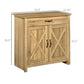 Light wood farmhouse sideboard with barn doors and top drawer, measuring view
