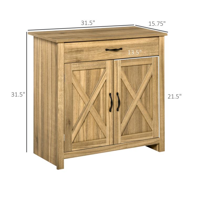 Light wood farmhouse sideboard with barn doors and top drawer, measuring view