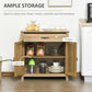 Farmhouse sideboard with open doors showing interior shelves and top drawer