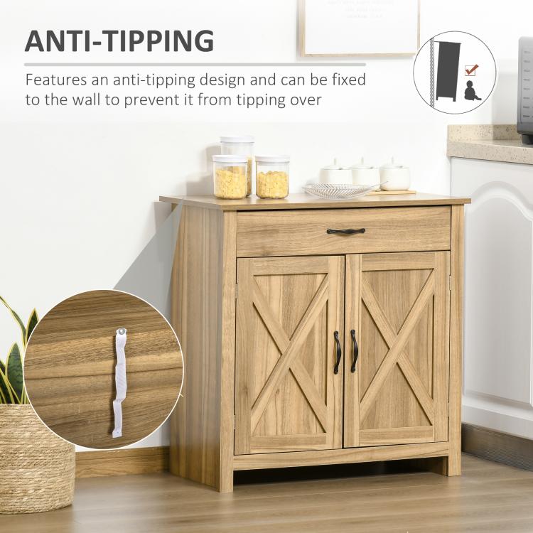Light wood cabinet with barn doors, top drawer, and black pull handles