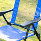 Blue folding patio dining chair with removable headrest, black frame, close-up seat