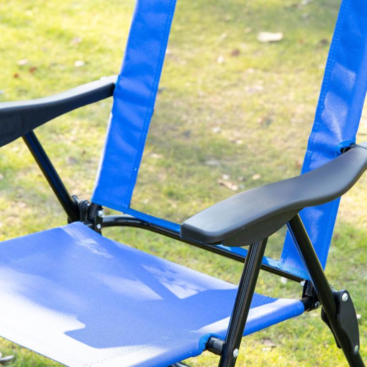 Blue folding patio dining chair with removable headrest, black frame, close-up seat