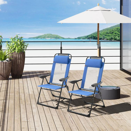 Set of 2 blue folding patio dining chairs on deck, black steel legs