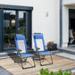 Blue folding patio dining chairs with black frame and armrest rests on deck