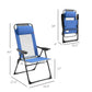 Blue folding patio dining chair with removable headrest, side and front views