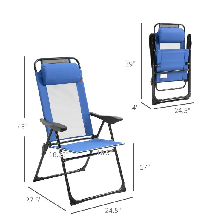 Blue folding patio dining chair with removable headrest, side and front views