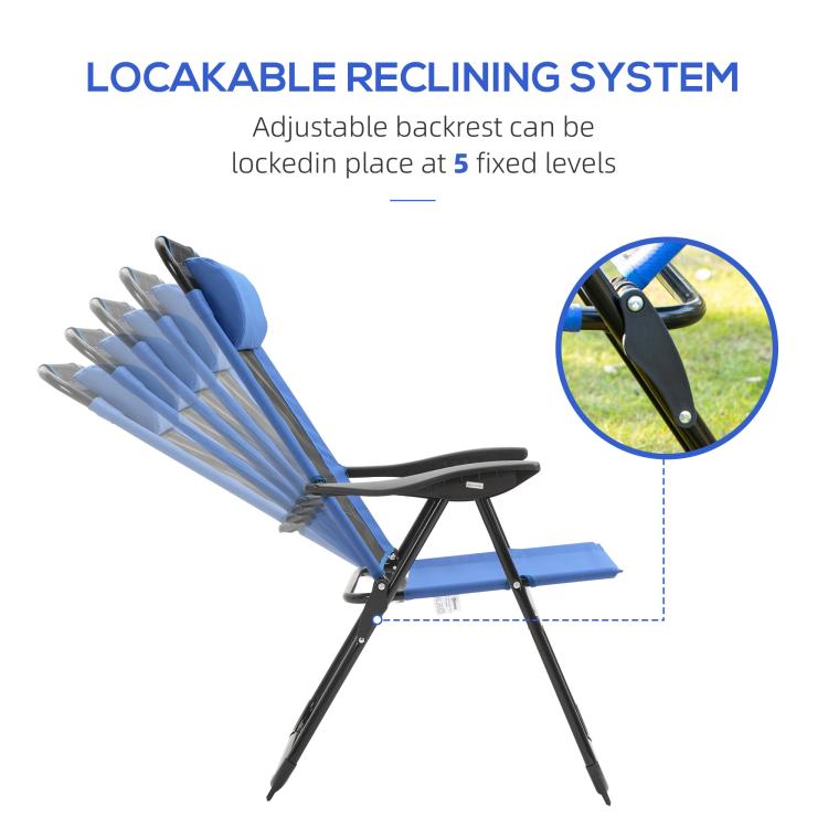 Blue folding patio dining chair with adjustable reclining backrest on 5 positions